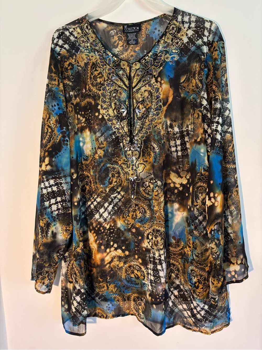 NY Collection Woman 2X embellished Sheer Blouse Blue Gold Paisley Plus size